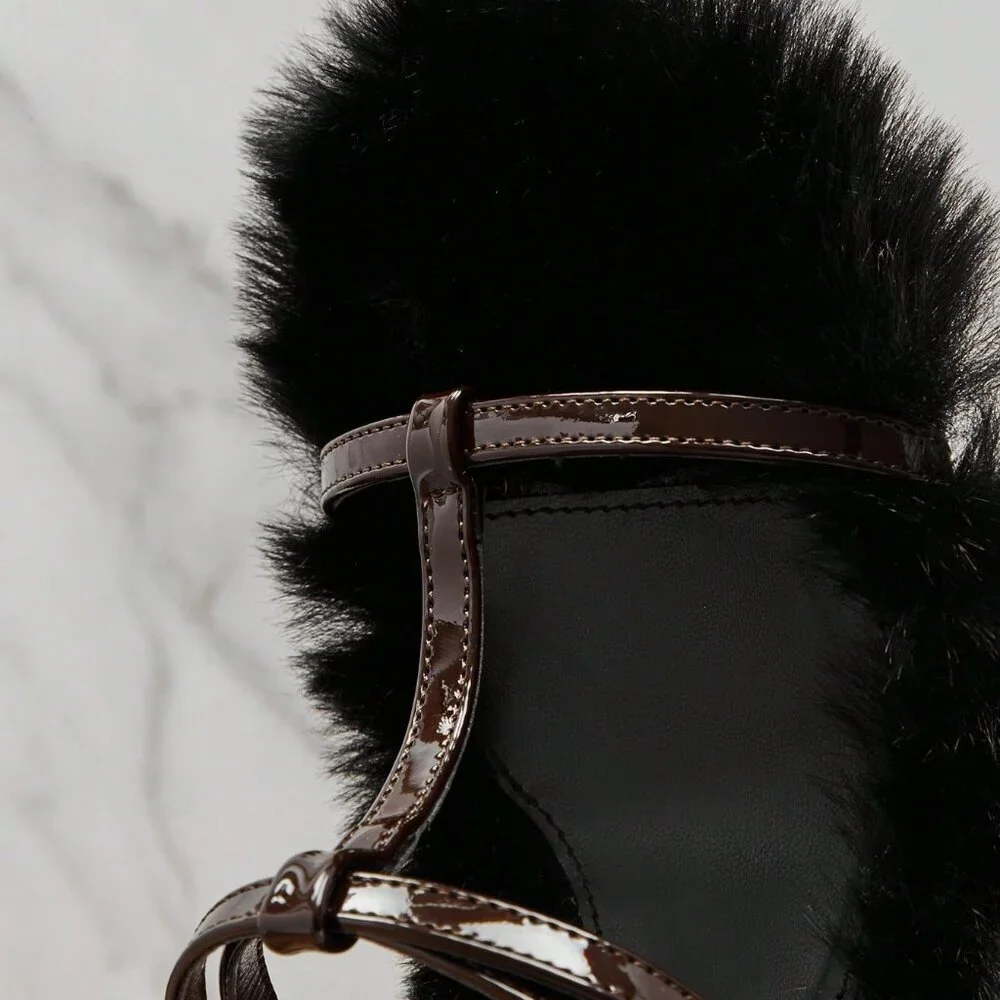 Black Bohemian Women's Versatile Faux Fur Slip-On Heeled Sandals - Picture 6 of 6